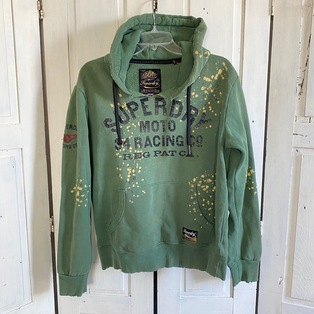 Superdry Moto 54 Racing Co Hoodie Green Distressed Paint Heavyweight Mens M EUC‎